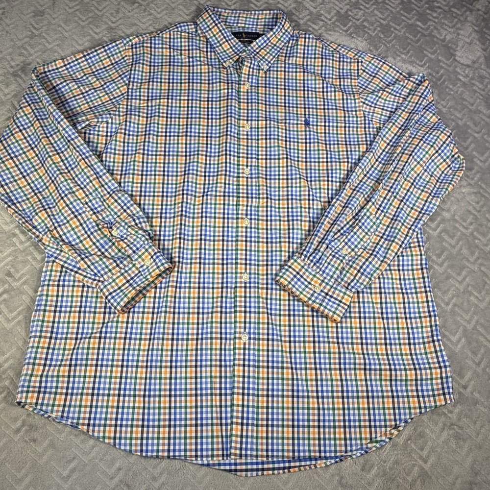 Polo Ralph Lauren Men Shirt XXL Classic Fit Performance Plaid Orange Blue Woven